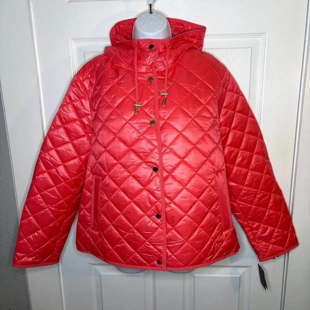 Kate Spade New York Travel Hooded Quilted Packable Puffer Jacket Coral XL NWT